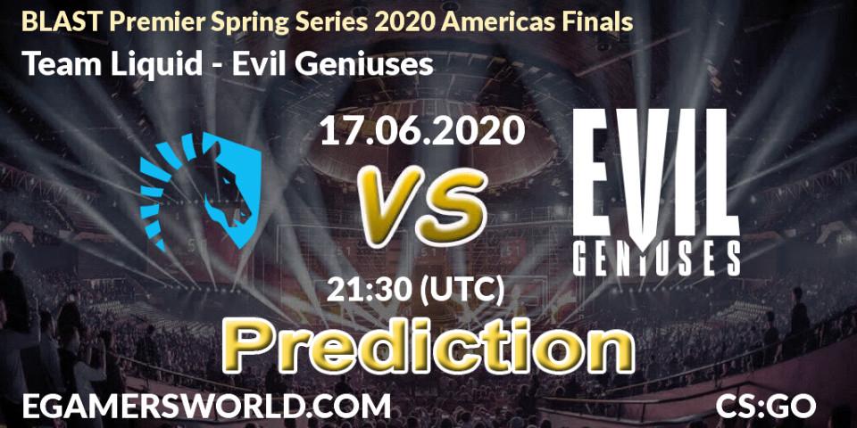 Team Liquid contre Evil Geniuses : prédiction de match. 17.06.2020 at 21:30. Counter-Strike (CS2), BLAST Premier Spring Series 2020 Americas Finals