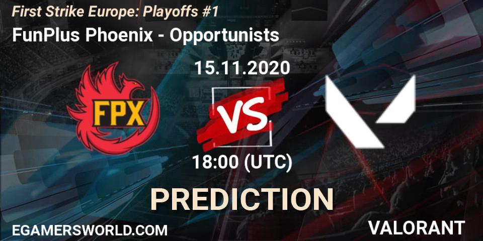 FunPlus Phoenix contre Opportunists : prédiction de match. 15.11.2020 at 16:00. VALORANT, First Strike Europe: Playoffs #1