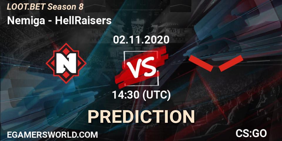 Nemiga contre HellRaisers : prédiction de match. 02.11.2020 at 14:30. Counter-Strike (CS2), LOOT.BET Season 8