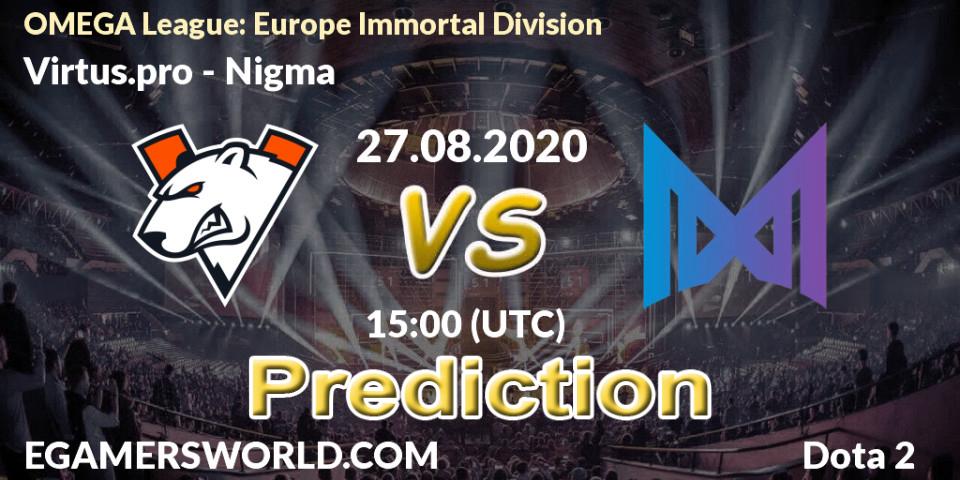 Virtus.pro contre Nigma : prédiction de match. 27.08.2020 at 14:10. Dota 2, OMEGA League: Europe Immortal Division