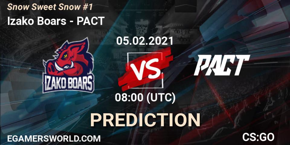 Izako Boars contre PACT : prédiction de match. 05.02.2021 at 08:00. Counter-Strike (CS2), Snow Sweet Snow #1
