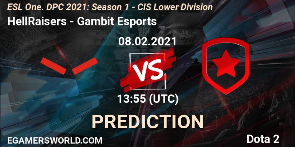 HellRaisers contre Gambit Esports : prédiction de match. 08.02.2021 at 13:55. Dota 2, ESL One. DPC 2021: Season 1 - CIS Lower Division