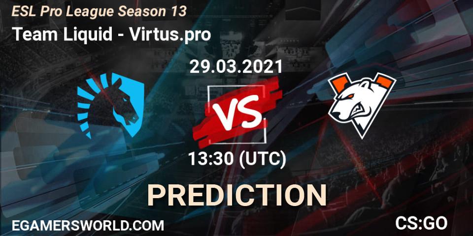 Team Liquid contre Virtus.pro : prédiction de match. 29.03.2021 at 17:00. Counter-Strike (CS2), ESL Pro League Season 13