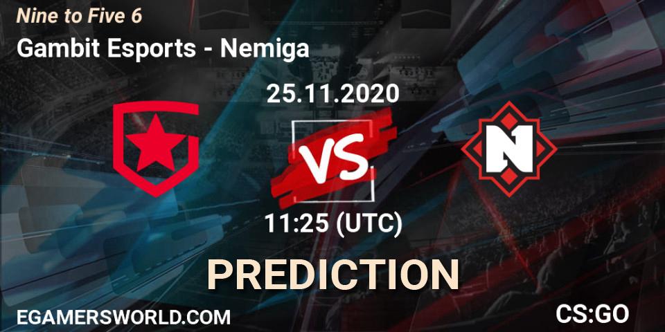Gambit Esports contre Nemiga : prédiction de match. 25.11.2020 at 11:25. Counter-Strike (CS2), Nine to Five 6