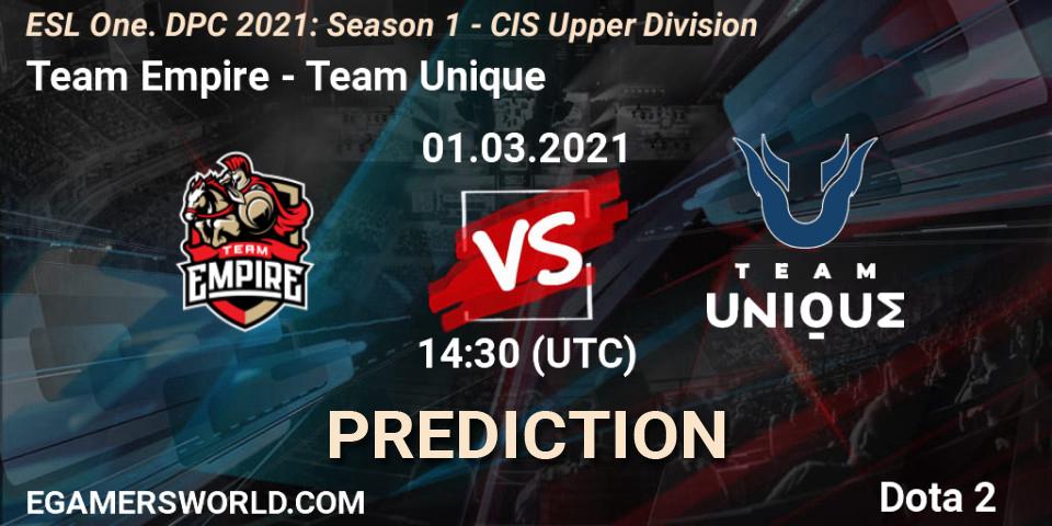 Team Empire contre Team Unique : prédiction de match. 28.02.2021 at 14:29. Dota 2, ESL One. DPC 2021: Season 1 - CIS Upper Division