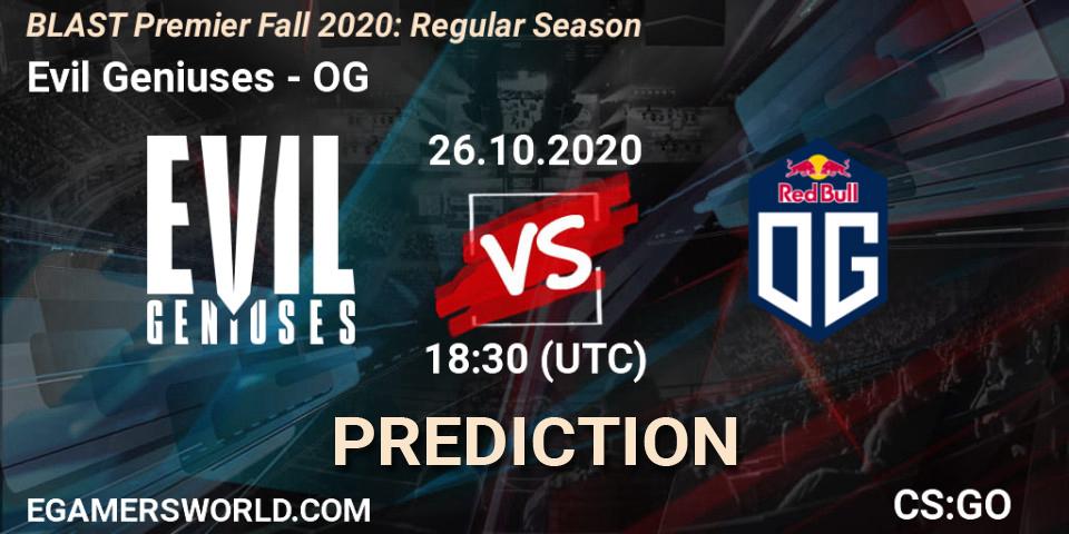 Evil Geniuses contre OG : prédiction de match. 26.10.2020 at 18:40. Counter-Strike (CS2), BLAST Premier Fall 2020: Regular Season