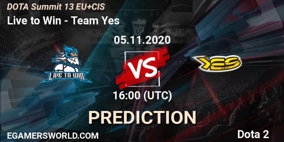 Live to Win contre Team Yes : prédiction de match. 05.11.2020 at 17:17. Dota 2, DOTA Summit 13: EU & CIS