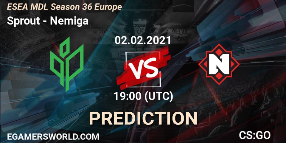 Sprout contre Nemiga : prédiction de match. 02.02.2021 at 19:00. Counter-Strike (CS2), MDL ESEA Season 36: Europe - Premier division