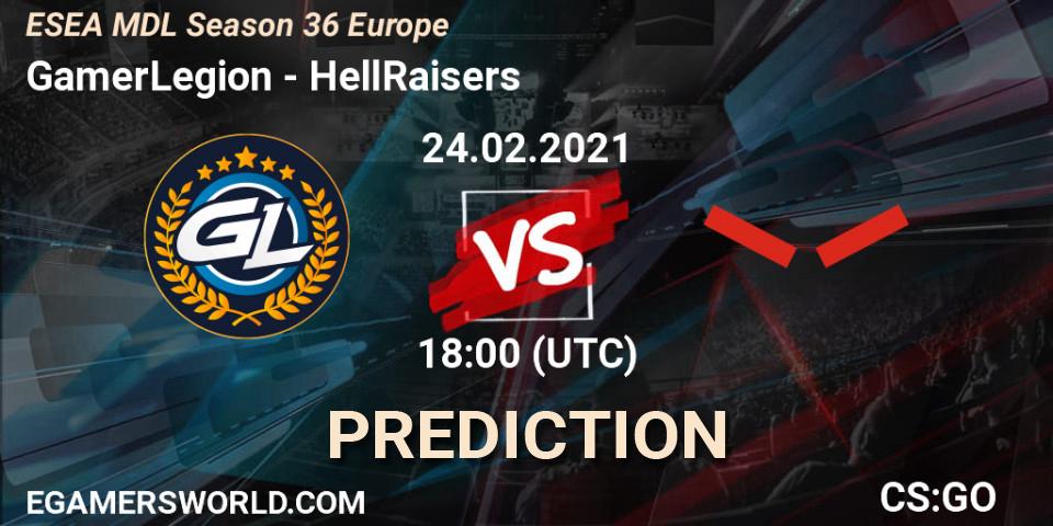 GamerLegion contre HellRaisers : prédiction de match. 04.03.2021 at 18:00. Counter-Strike (CS2), MDL ESEA Season 36: Europe - Premier division