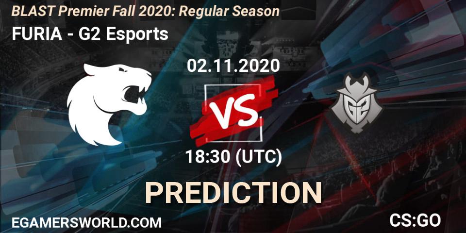 FURIA contre G2 Esports : prédiction de match. 02.11.2020 at 21:30. Counter-Strike (CS2), BLAST Premier Fall 2020: Regular Season