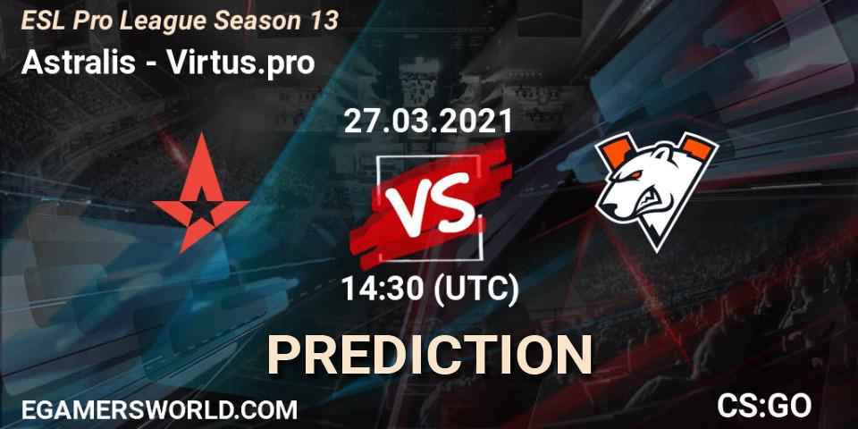Astralis contre Virtus.pro : prédiction de match. 27.03.2021 at 14:30. Counter-Strike (CS2), ESL Pro League Season 13