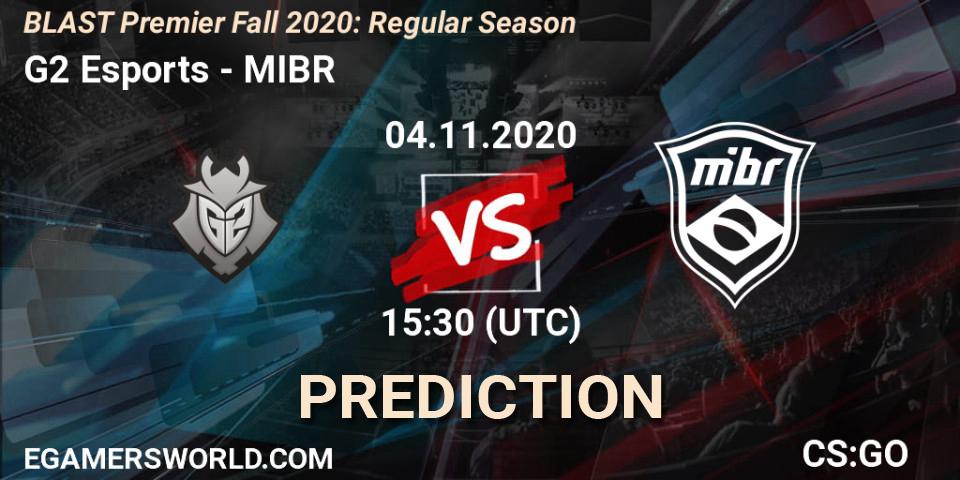 G2 Esports contre MIBR : prédiction de match. 04.11.2020 at 15:30. Counter-Strike (CS2), BLAST Premier Fall 2020: Regular Season