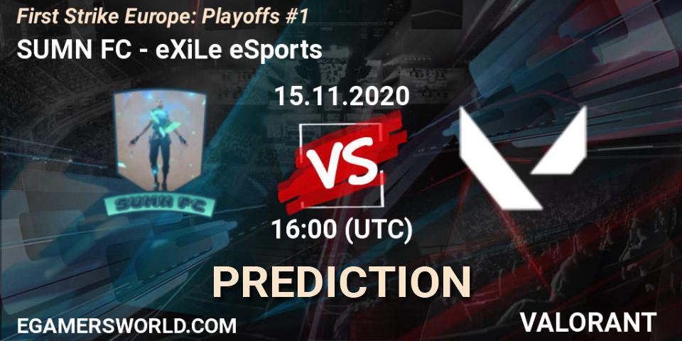 SUMN FC contre eXiLe eSports : prédiction de match. 15.11.2020 at 19:00. VALORANT, First Strike Europe: Playoffs #1