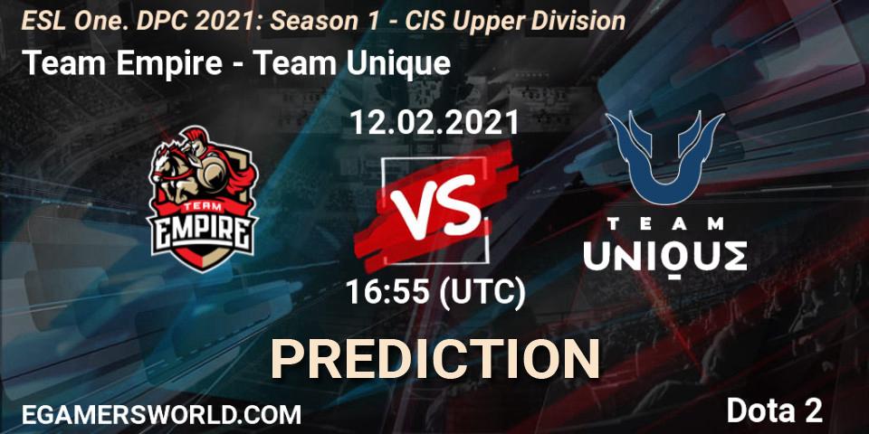 Team Empire contre Team Unique : prédiction de match. 12.02.2021 at 17:29. Dota 2, ESL One. DPC 2021: Season 1 - CIS Upper Division