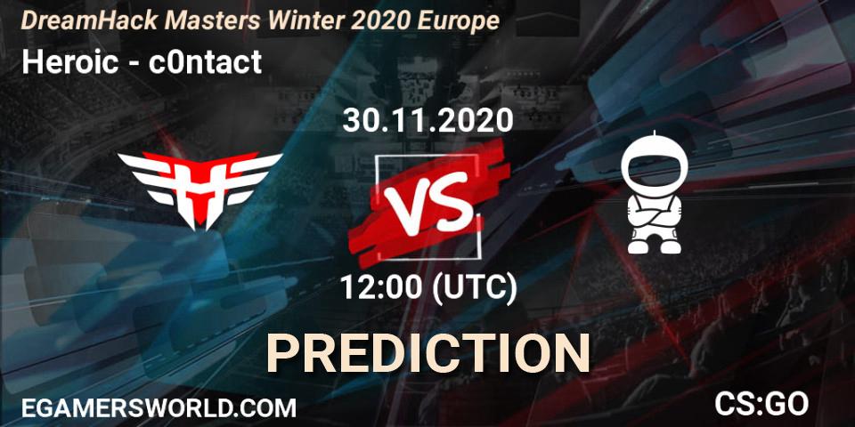 Heroic contre c0ntact : prédiction de match. 30.11.2020 at 12:00. Counter-Strike (CS2), DreamHack Masters Winter 2020 Europe