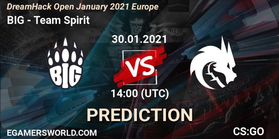 BIG contre Team Spirit : prédiction de match. 30.01.2021 at 14:00. Counter-Strike (CS2), DreamHack Open January 2021 Europe
