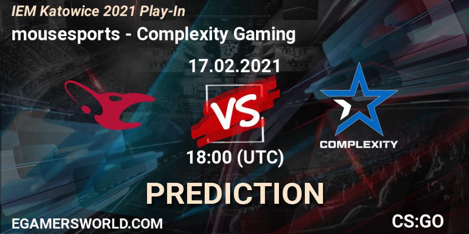 mousesports contre Complexity Gaming : prédiction de match. 17.02.2021 at 18:15. Counter-Strike (CS2), IEM Katowice 2021 Play-In