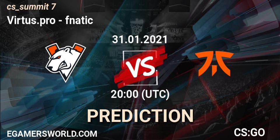 Virtus.pro contre fnatic : prédiction de match. 31.01.2021 at 20:00. Counter-Strike (CS2), cs_summit 7