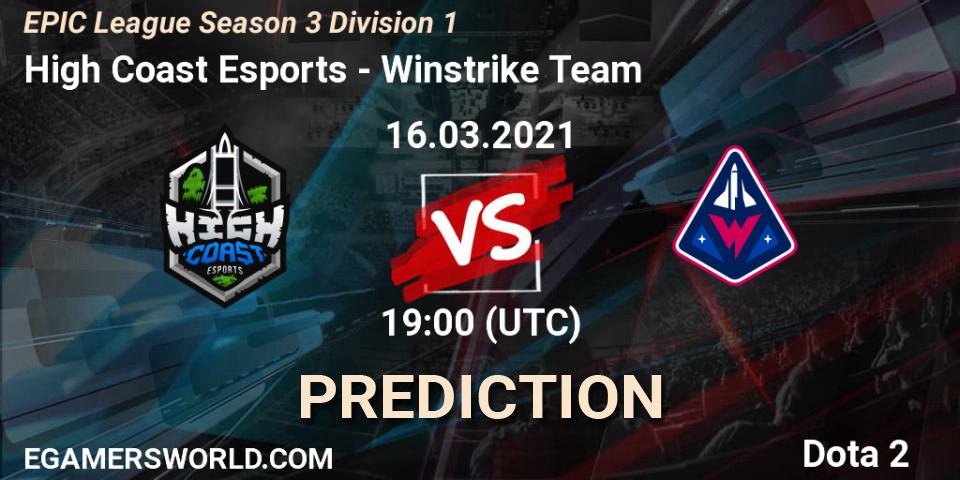 High Coast Esports contre Winstrike Team : prédiction de match. 16.03.2021 at 19:07. Dota 2, EPIC League Season 3 Division 1