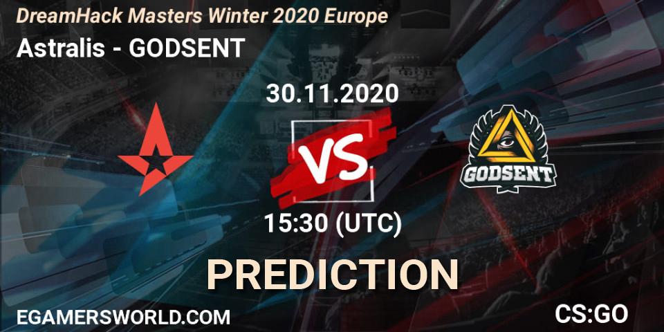 Astralis contre GODSENT : prédiction de match. 30.11.2020 at 15:30. Counter-Strike (CS2), DreamHack Masters Winter 2020 Europe