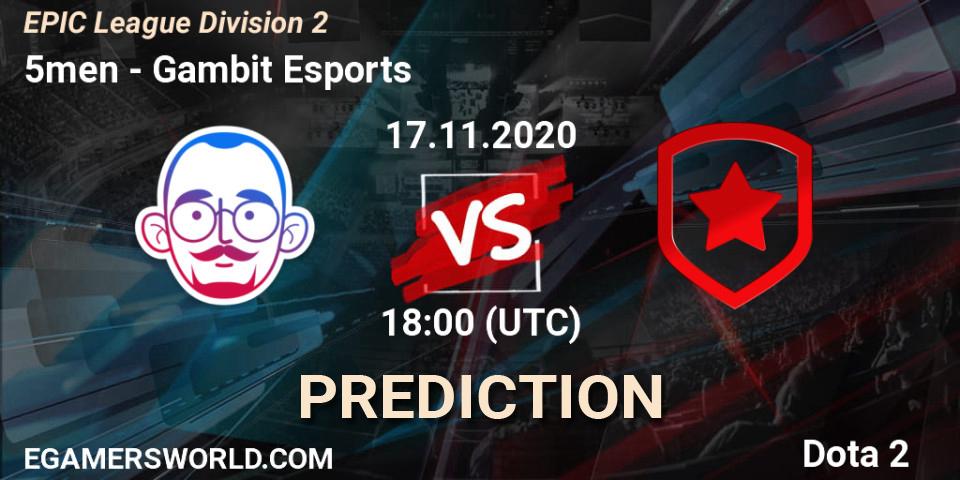 5men contre Gambit Esports : prédiction de match. 17.11.2020 at 16:00. Dota 2, EPIC League Division 2