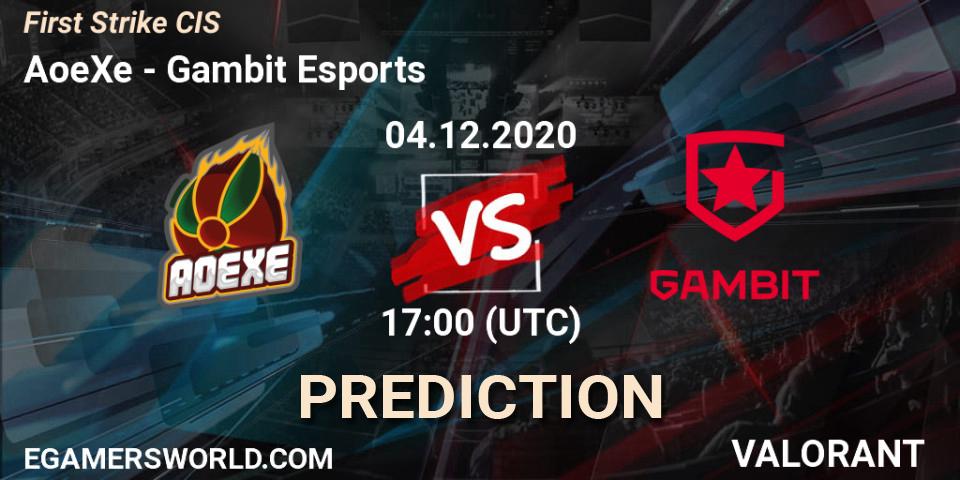 AoeXe contre Gambit Esports : prédiction de match. 04.12.2020 at 17:00. VALORANT, First Strike CIS