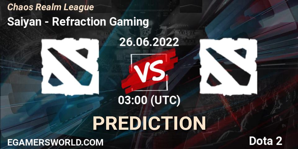 Saiyan contre Refraction Gaming : prédiction de match. 26.06.2022 at 03:24. Dota 2, Chaos Realm League 