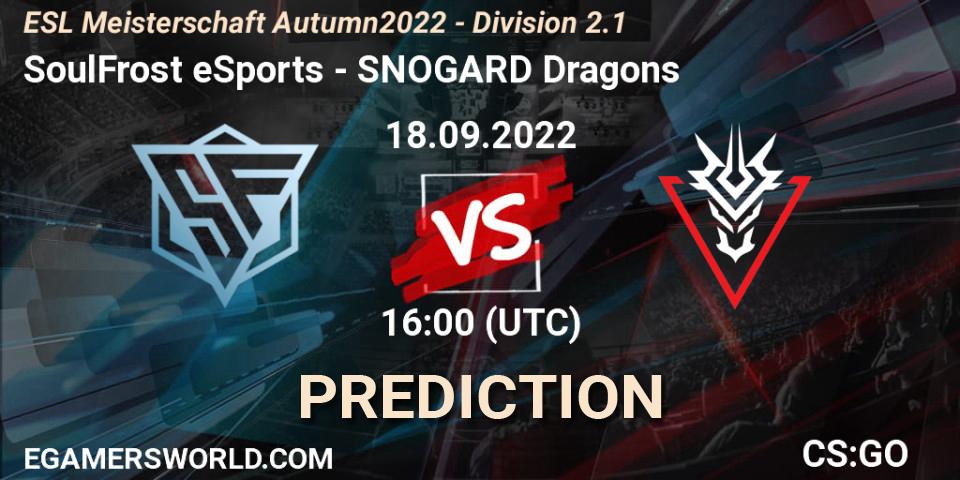 SoulFrost eSports contre SNOGARD Dragons : prédiction de match. 18.09.2022 at 16:00. Counter-Strike (CS2), ESL Meisterschaft Autumn 2022 - Division 2.1
