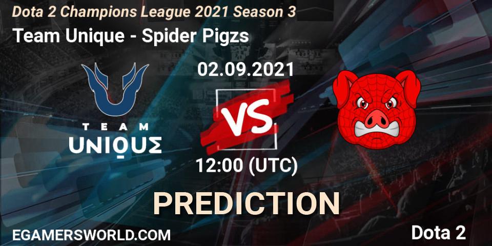 Team Unique contre Spider Pigzs : prédiction de match. 02.09.2021 at 12:01. Dota 2, Dota 2 Champions League 2021 Season 3