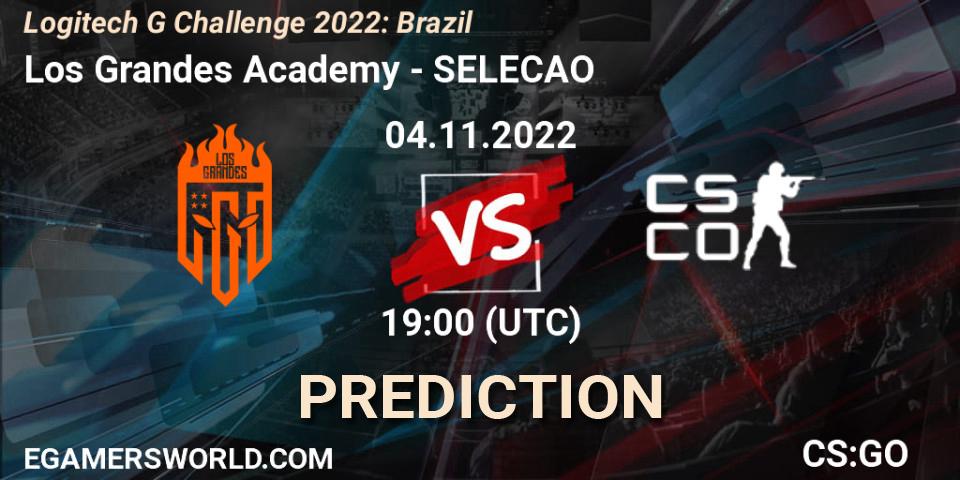 Los Grandes Academy contre SELECAO : prédiction de match. 04.11.2022 at 19:00. Counter-Strike (CS2), Logitech G Challenge 2022: Brazil