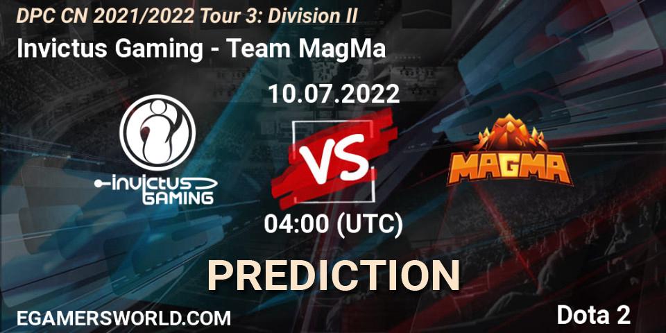 Invictus Gaming contre Team MagMa : prédiction de match. 10.07.2022 at 04:02. Dota 2, DPC CN 2021/2022 Tour 3: Division II