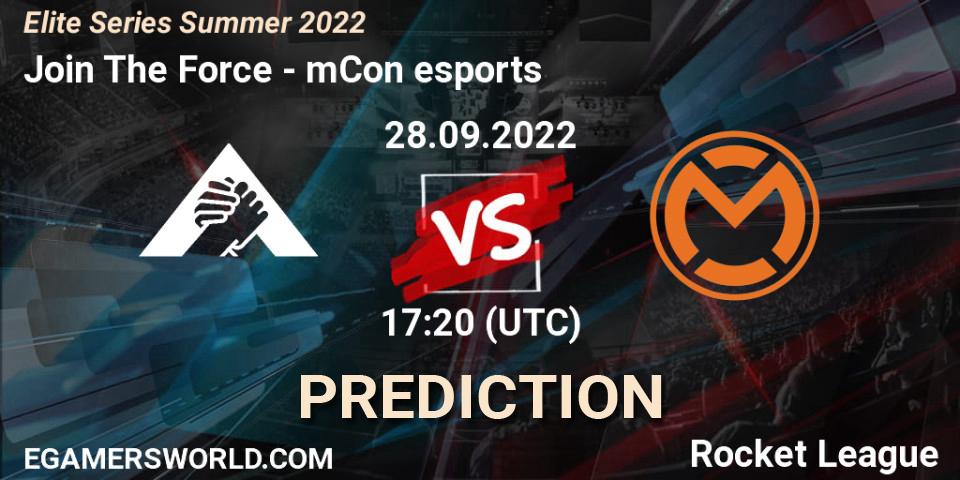 Join The Force contre mCon esports : prédiction de match. 28.09.2022 at 17:20. Rocket League, Elite Series Summer 2022