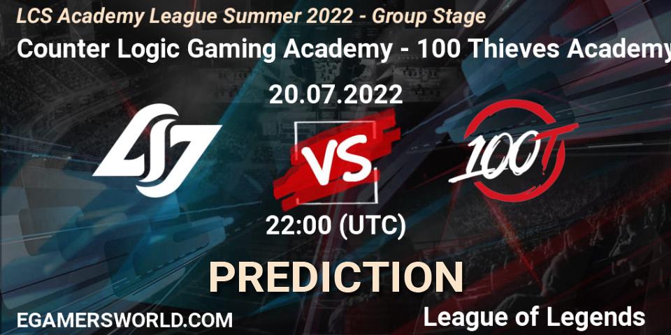 Counter Logic Gaming Academy contre 100 Thieves Academy : prédiction de match. 20.07.2022 at 22:00. LoL, LCS Academy League Summer 2022 - Group Stage