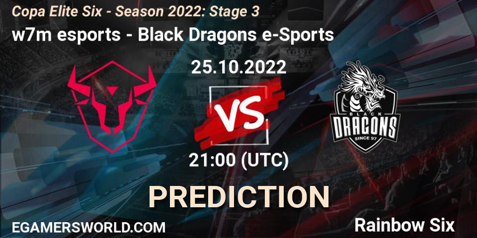 w7m esports contre Black Dragons e-Sports : prédiction de match. 25.10.2022 at 21:00. Rainbow Six, Copa Elite Six - Season 2022: Stage 3