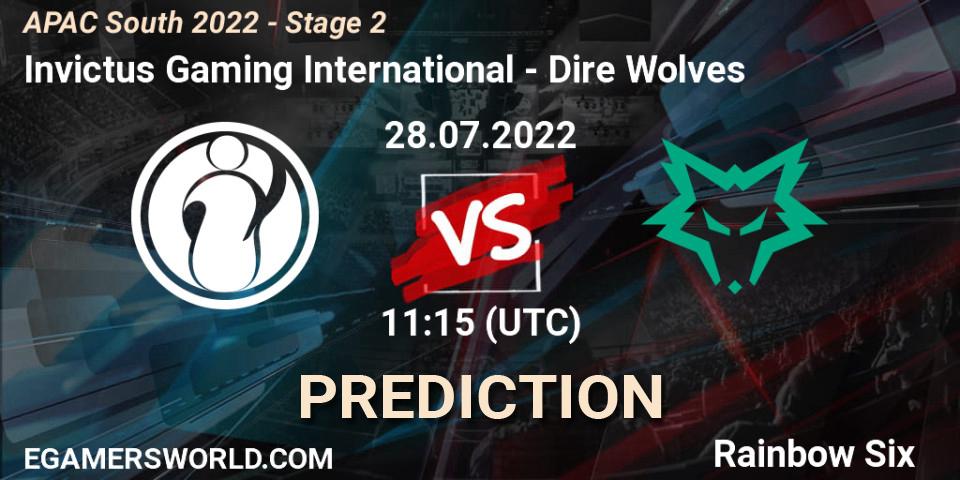 Invictus Gaming International contre Dire Wolves : prédiction de match. 28.07.2022 at 11:15. Rainbow Six, APAC South 2022 - Stage 2