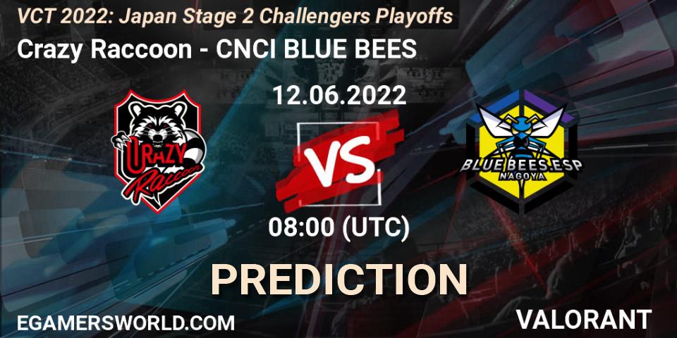 Crazy Raccoon contre CNCI BLUE BEES : prédiction de match. 12.06.2022 at 08:00. VALORANT, VCT 2022: Japan Stage 2 Challengers Playoffs