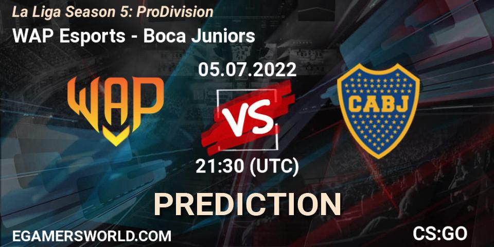 WAP Esports contre Boca Juniors : prédiction de match. 05.07.2022 at 21:30. Counter-Strike (CS2), La Liga Season 5: Pro Division