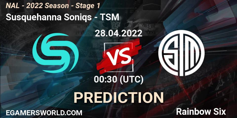Susquehanna Soniqs contre TSM : prédiction de match. 28.04.2022 at 00:30. Rainbow Six, NAL - Season 2022 - Stage 1