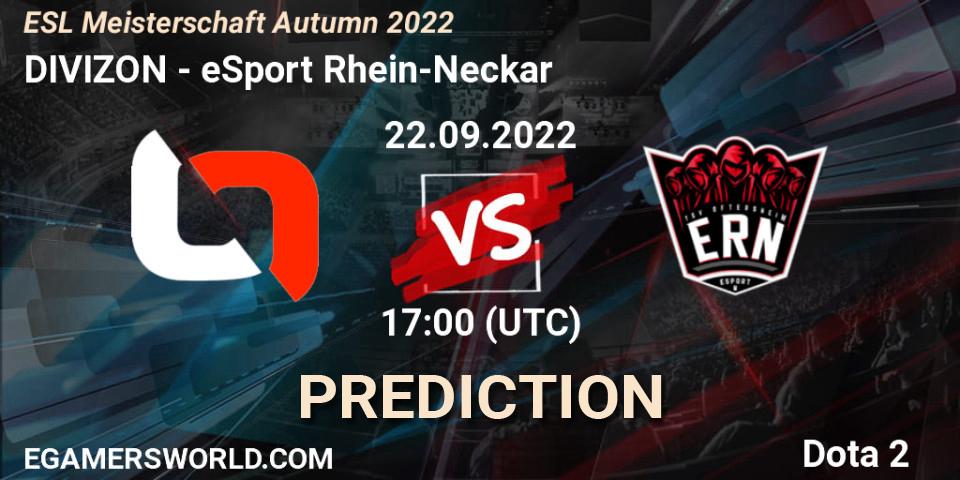 DIVIZON contre eSport Rhein-Neckar : prédiction de match. 22.09.2022 at 17:11. Dota 2, ESL Meisterschaft Autumn 2022