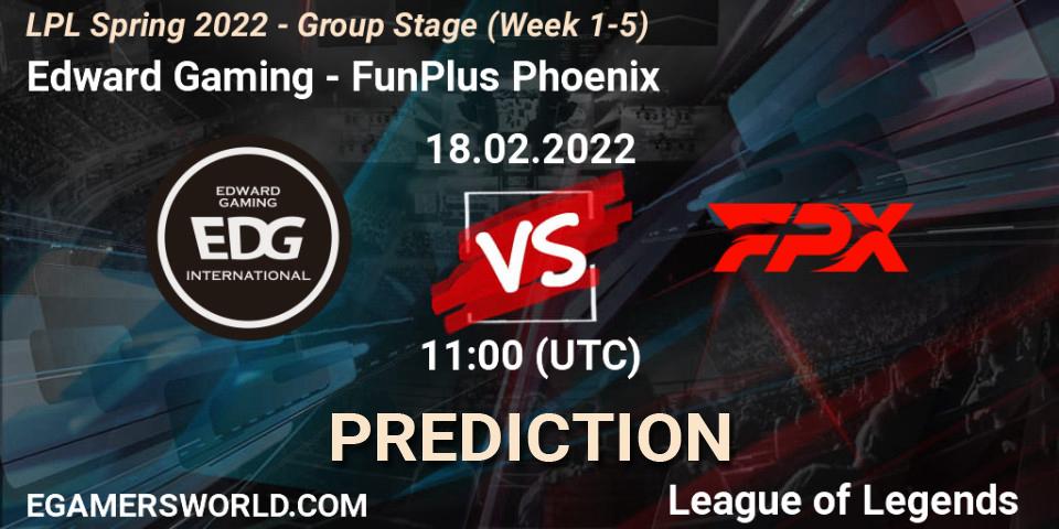 Edward Gaming contre FunPlus Phoenix : prédiction de match. 18.02.2022 at 12:25. LoL, LPL Spring 2022 - Group Stage (Week 1-5)