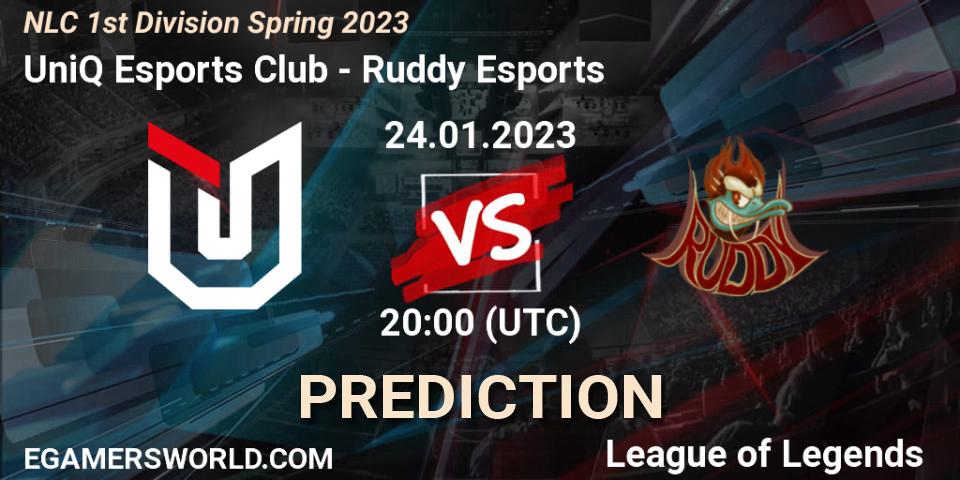 UniQ Esports Club contre Ruddy Esports : prédiction de match. 24.01.2023 at 20:00. LoL, NLC 1st Division Spring 2023