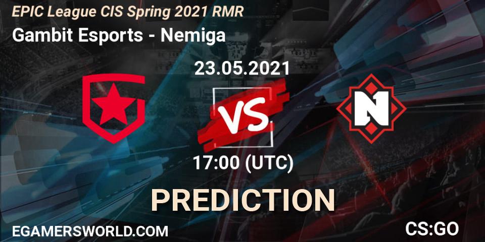 Gambit Esports contre Nemiga : prédiction de match. 23.05.2021 at 17:00. Counter-Strike (CS2), EPIC League CIS Spring 2021 RMR