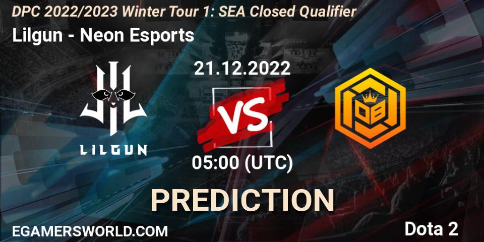 Lilgun contre Neon Esports : prédiction de match. 21.12.2022 at 05:00. Dota 2, DPC 2022/2023 Winter Tour 1: SEA Closed Qualifier