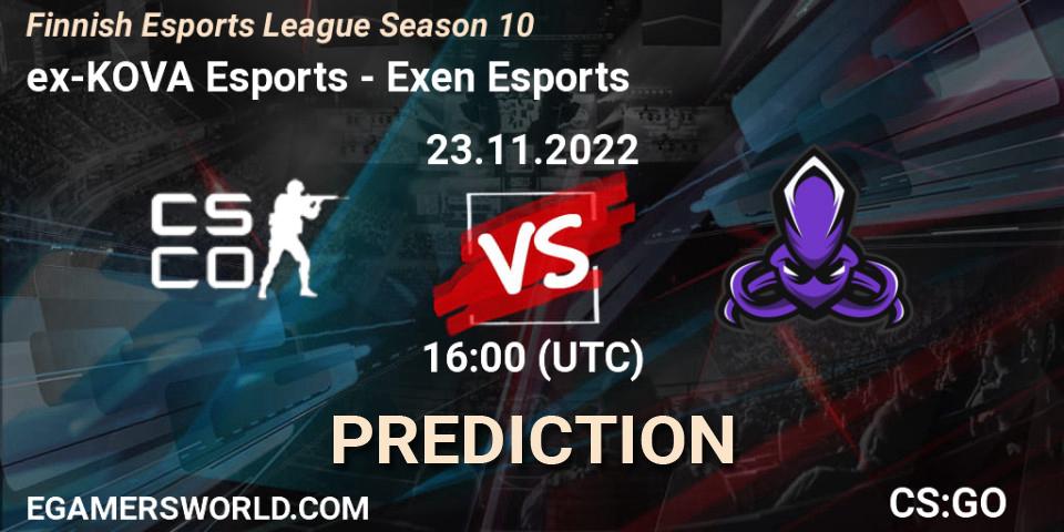 ex-KOVA Esports contre Exen Esports : prédiction de match. 23.11.2022 at 16:00. Counter-Strike (CS2), Finnish Esports League Season 10