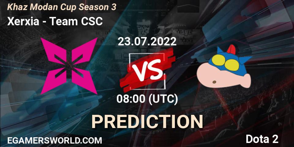 Xerxia contre Team CSC : prédiction de match. 23.07.2022 at 08:16. Dota 2, Khaz Modan Cup Season 3