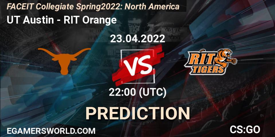 UT Austin contre RIT Orange : prédiction de match. 23.04.2022 at 22:00. Counter-Strike (CS2), FACEIT Collegiate Spring 2022: North America