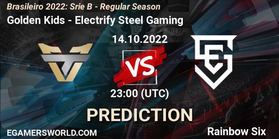 Golden Kids contre Electrify Steel Gaming : prédiction de match. 14.10.2022 at 23:00. Rainbow Six, Brasileirão 2022: Série B - Regular Season