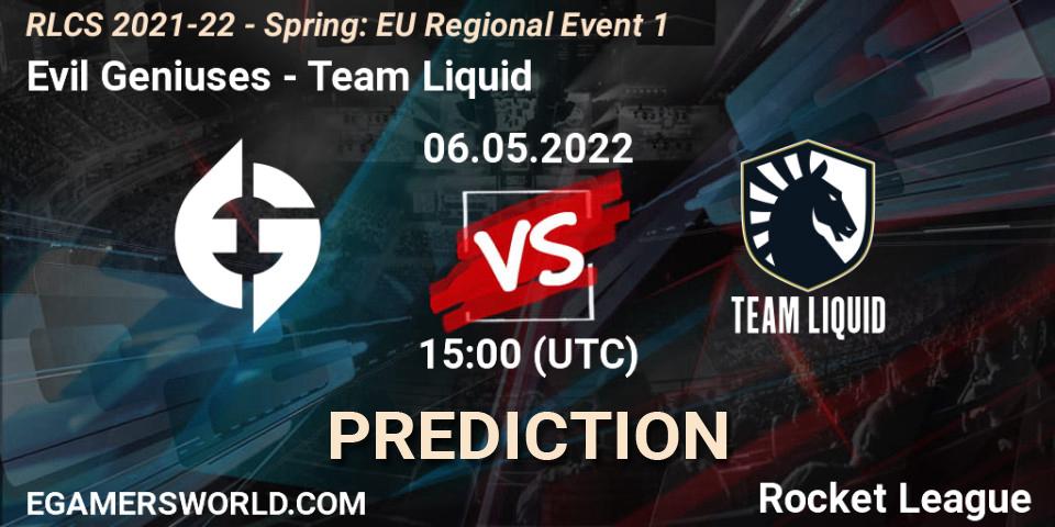 Evil Geniuses contre Team Liquid : prédiction de match. 06.05.2022 at 15:00. Rocket League, RLCS 2021-22 - Spring: EU Regional Event 1