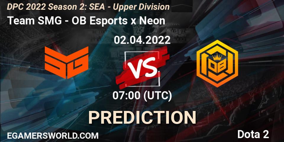 Team SMG contre OB Esports x Neon : prédiction de match. 02.04.2022 at 07:10. Dota 2, DPC 2021/2022 Tour 2 (Season 2): SEA Division I (Upper)