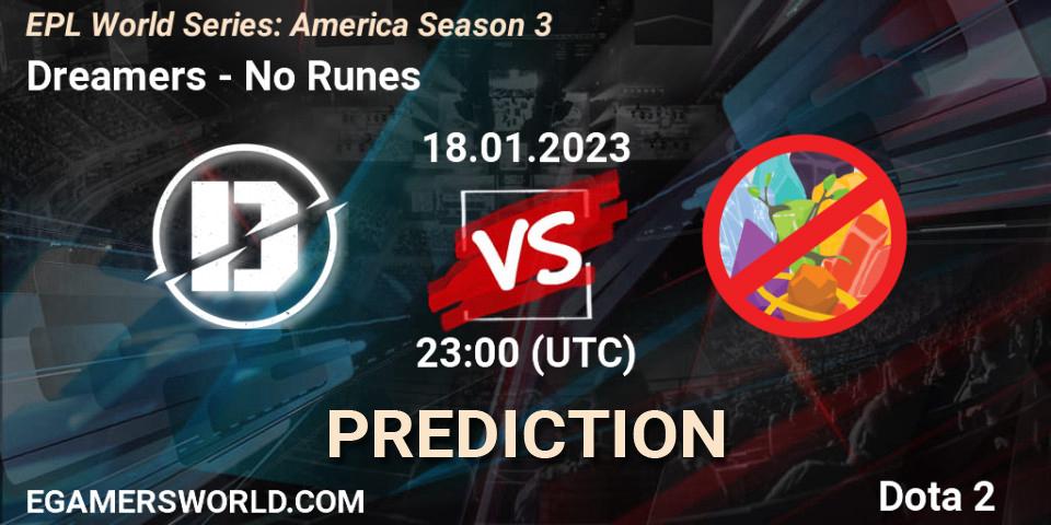 Dreamers contre No Runes : prédiction de match. 18.01.2023 at 23:32. Dota 2, EPL World Series: America Season 3
